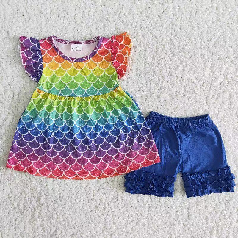 Promotion Baby Girl Short Sleeves Fish Scales Tunic Blue Ruffle Shorts Set