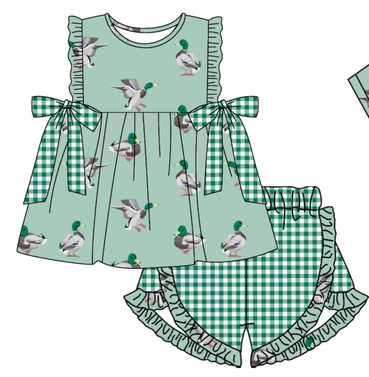 Baby Boy Girl Duck Green Plaid Bows Sibling Matching Dress Romper Clothes Set ( Moq 5 Each style )