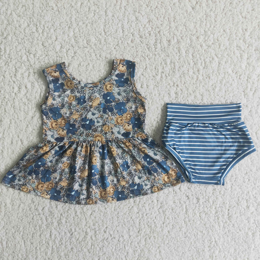 Promotion Baby Girl Girl Short Sleeves Flower Tops Stripes Bummies Outfit RTS