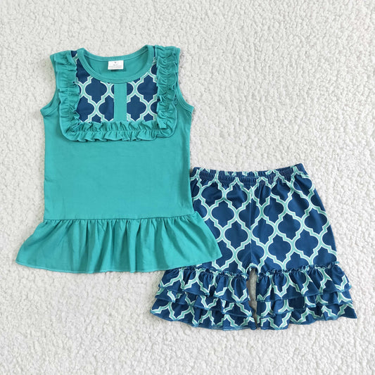 Promotion Baby Girl Summer Sleeveless Shirt Ruffle Shorts Green Outfit