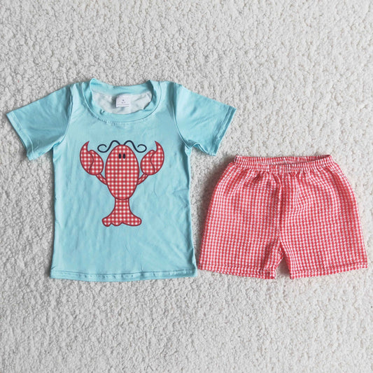 Promotion Baby Boy Summer Short Sleeves Crawfish Green Shirt Shorts Set