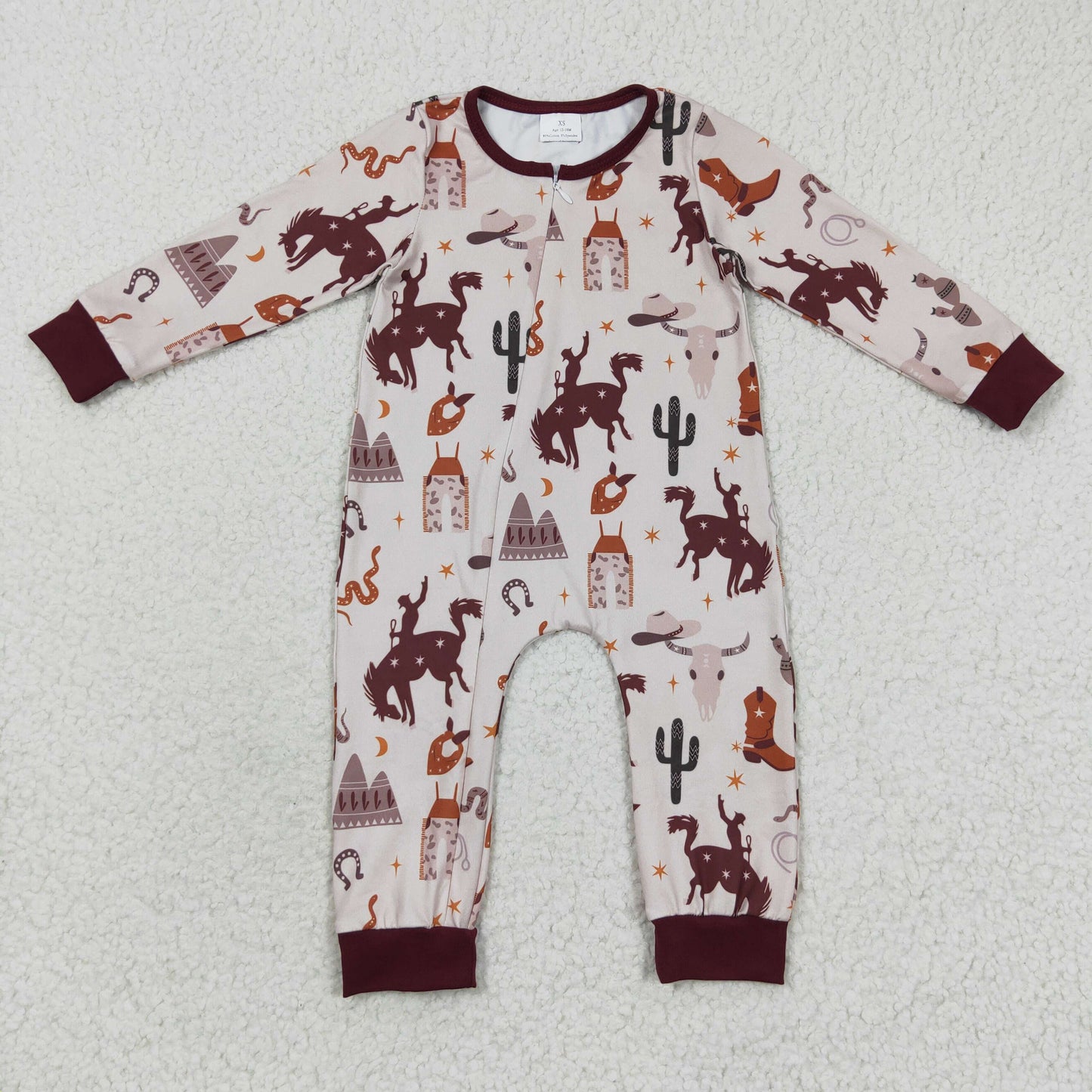 LR0344 Baby Boy Newborn Long Sleeves Zip Western Rodeo Cow Cactus One Piece Romper