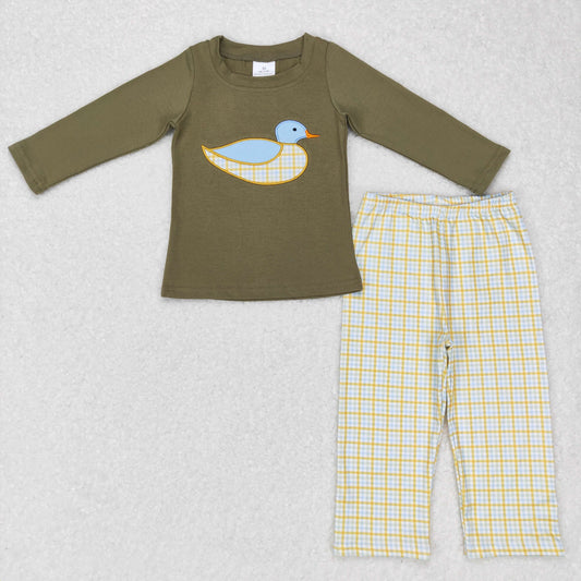 BLP0335 Baby Boy Long Sleeves Embroidery Duck Plaid Pants Outfit