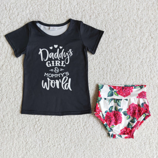 Promotion Baby Girl Daddy's Girl Black Tops Floral Bummies Shorts Set