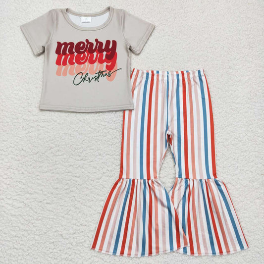 GSPO0882 Baby Girl Short Sleeves Merry Christmas Stripes Bell Pants Outfit