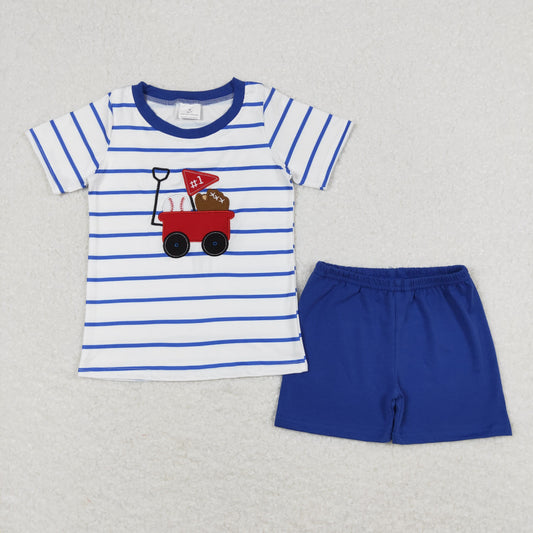 Baby Boy Short Sleeves Embroidery Baseball Stripes Shirt Blue Cotton Shorts Set