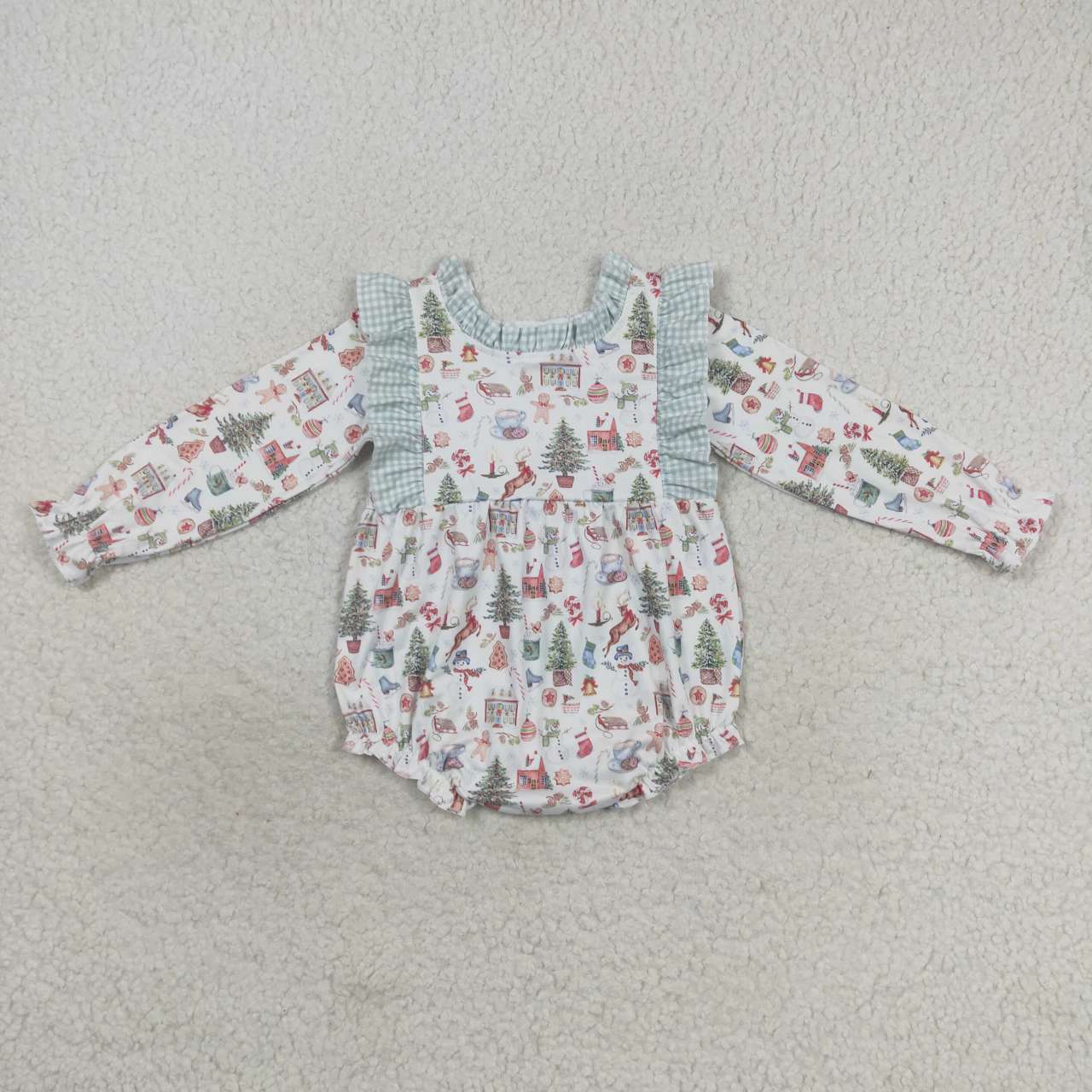 LR0556 Baby Girl Christmas Long Sleeves One Piece Reindeer Gingerbread Romper