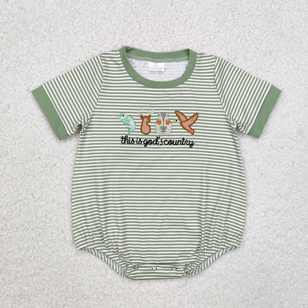 Sibling Baby Boy Girl Short Sleeves Embroidery Ducks Deer Fish Hunting Romper Clothes Set