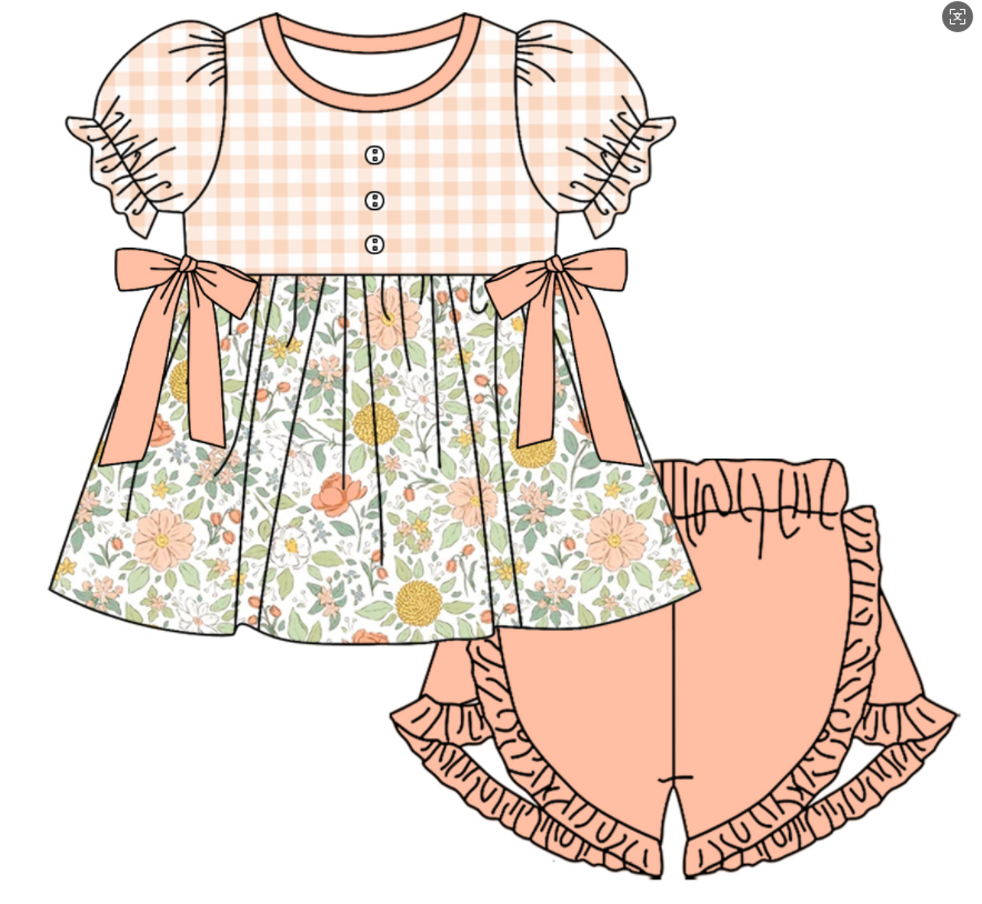 Baby Girl Short Sleeves Flower Plaid Sibling Romper Dress Clothes Set ( Moq 5 Each Design )