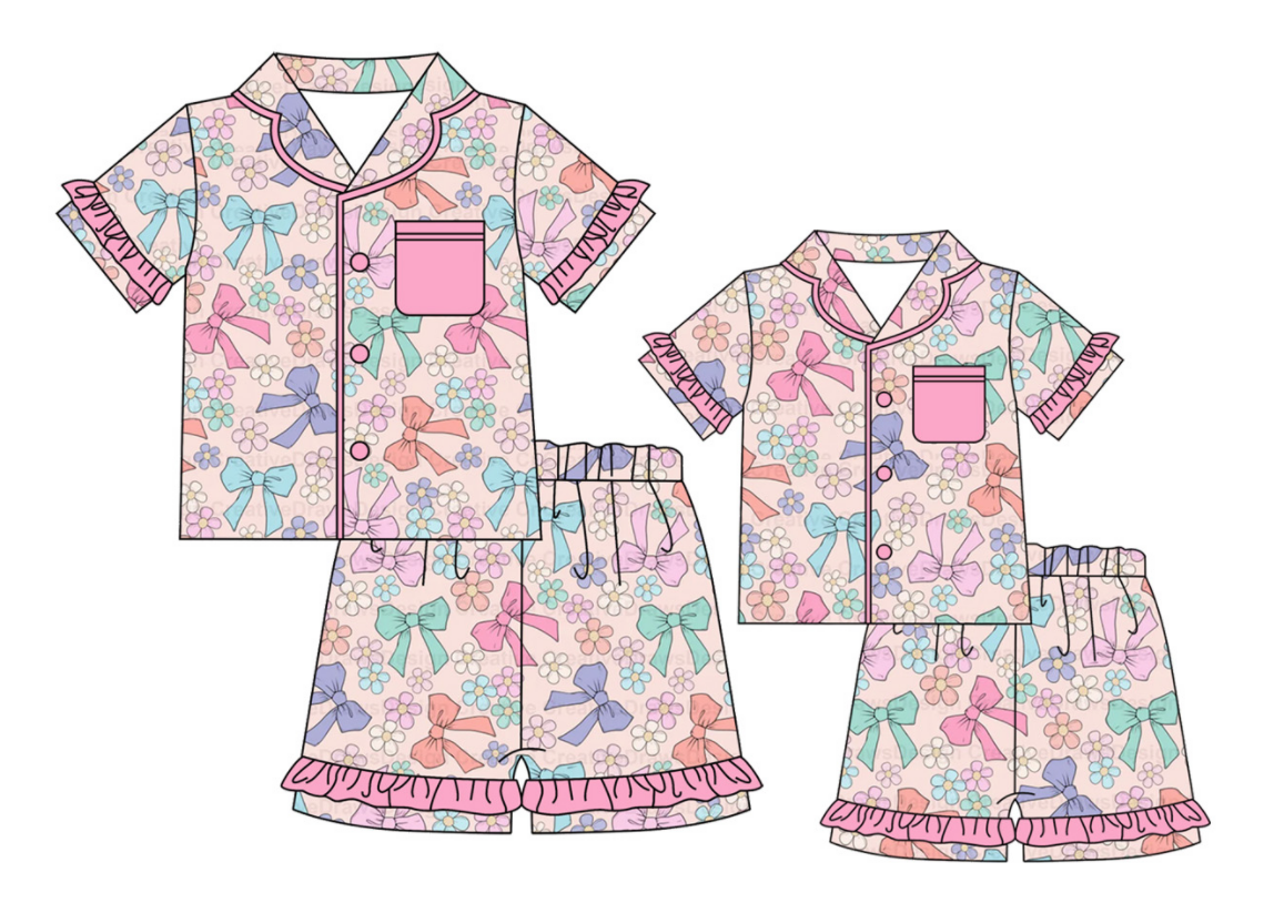 Baby Girl Toddler Adult Women Short Sleeves Bows Flower Shorts Sibling Family Shorts Pajamas Set ( Moq 5 Each Style )11.26