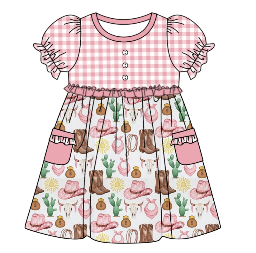 Baby Girl Short Sleeves Western Boots Cactus Sibling Romper Dress Clothes Set ( Moq 5 Each Design )11.26