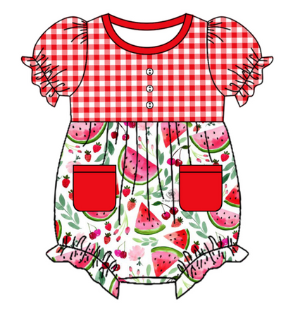 Baby Girl Short Sleeves Watermelon Red Plaid Sibling Romper Dress Clothes Set ( Moq 5 Each Design )