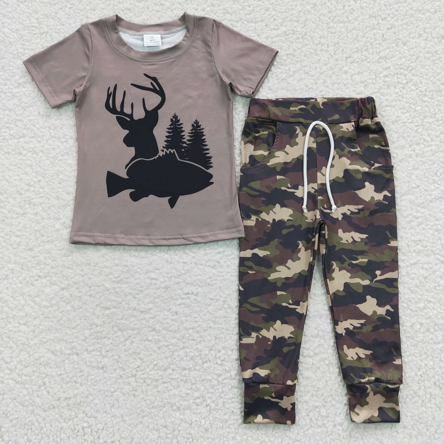 BSPO0108 Baby Boy Grey Short Sleeves Hunting Shirt Camo Pants Outfit