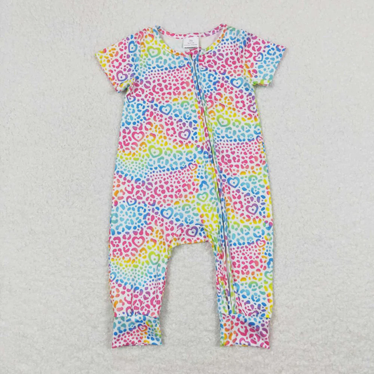 Baby Girl Short Sleeves Colorful Hearts Leopard Zipper One Piece Summer Romper