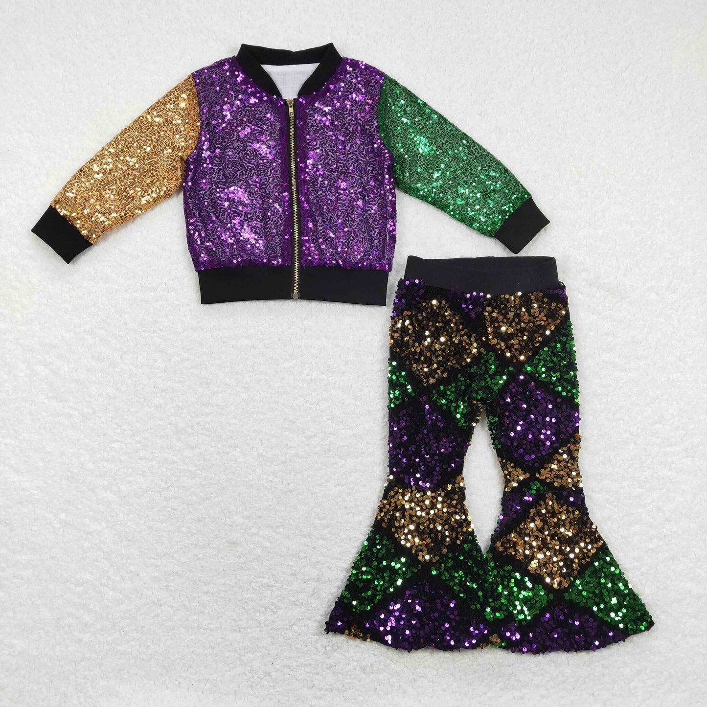 GLP1159 Baby Girl Mardi Gras Long Sleeves Zipper Coat Sequins Bell Pants Set