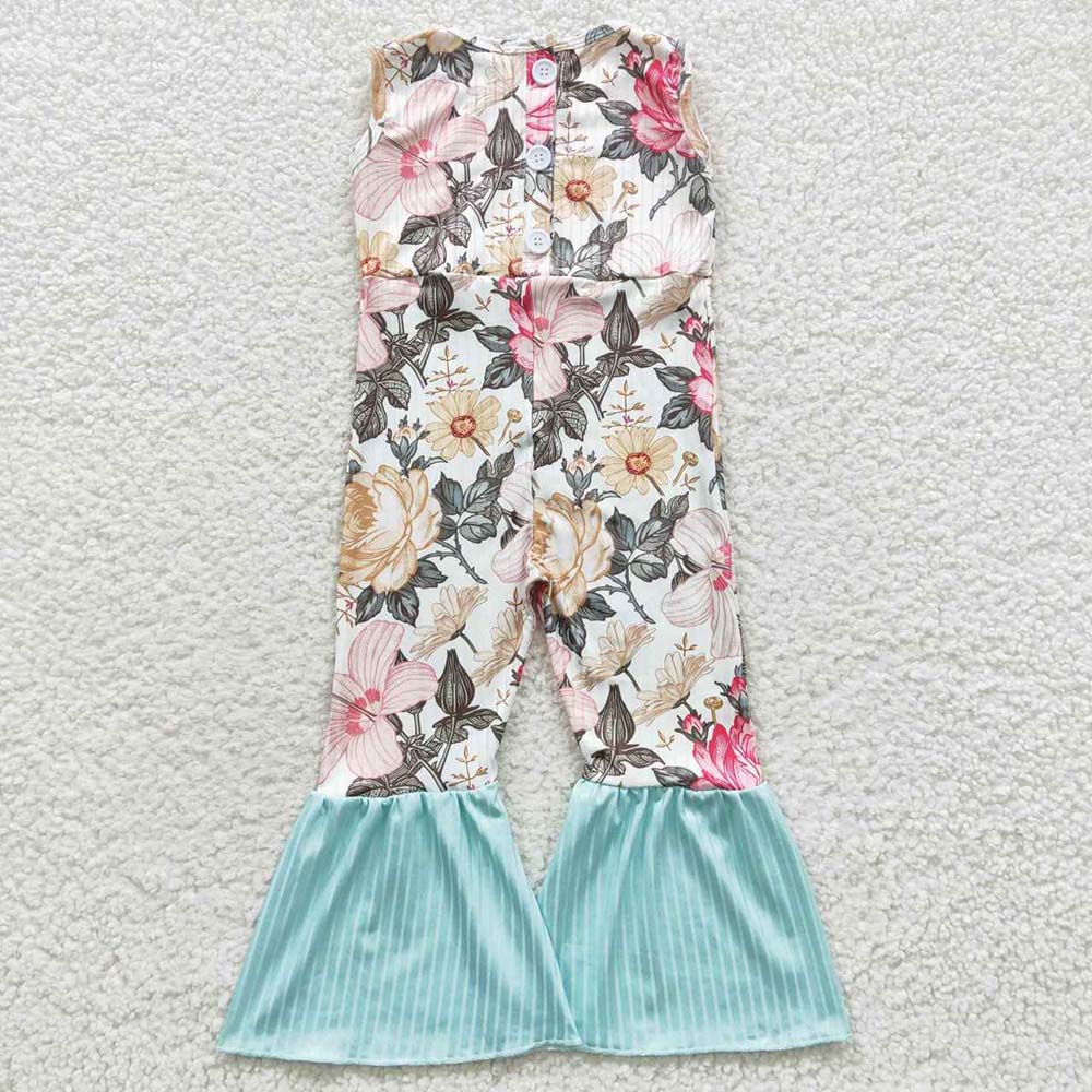 SR0368 Baby Girl Sleeveless Floral Ribbed Jumpsuit