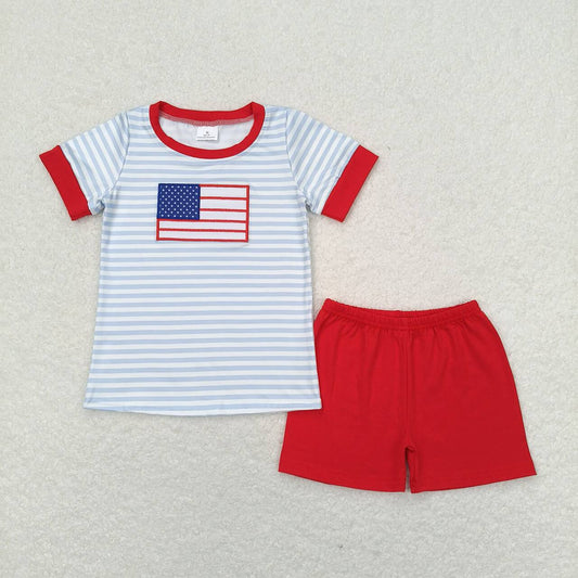 Baby Boy Short Sleeves Embroidery Flag Stripes Shirt Red Shorts July 4th Set