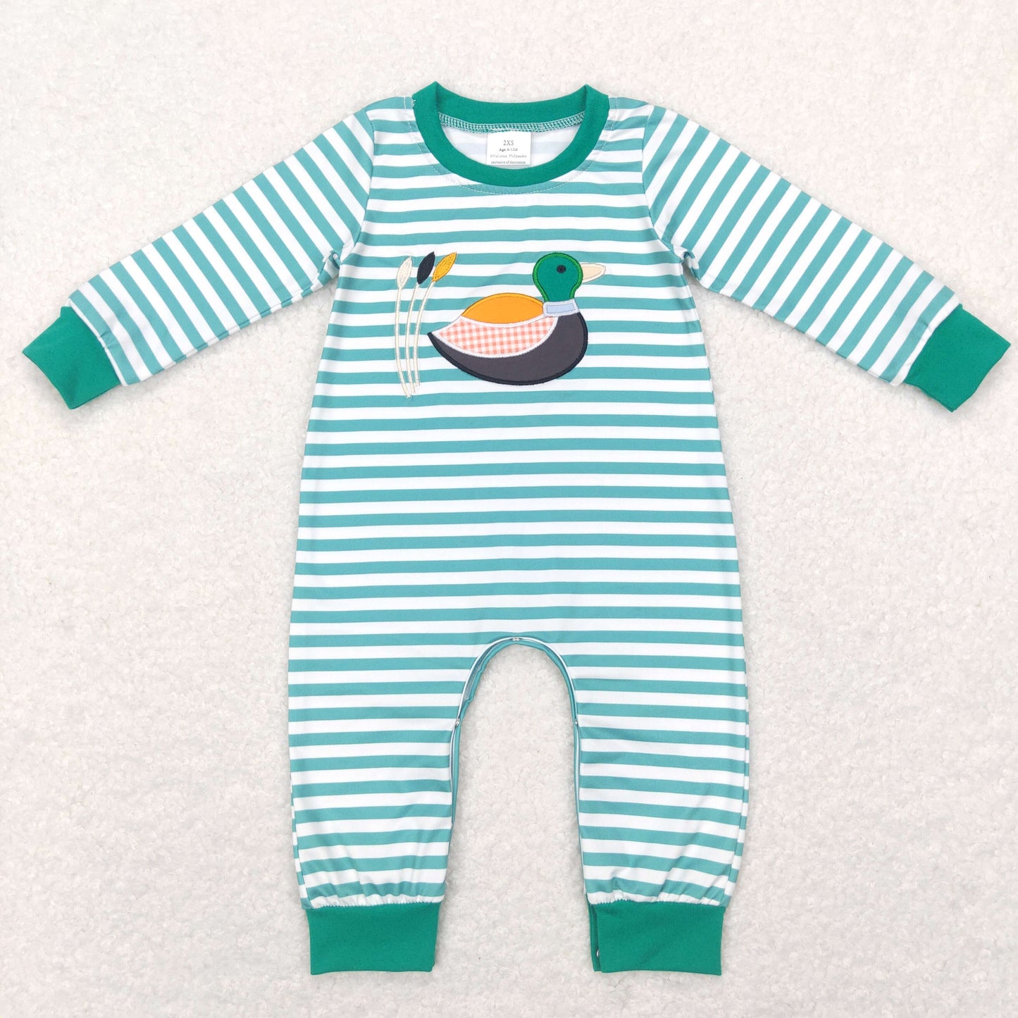 LR0834 Baby Boy Embroidery Duck Stripes Long Sleeves Green Romper