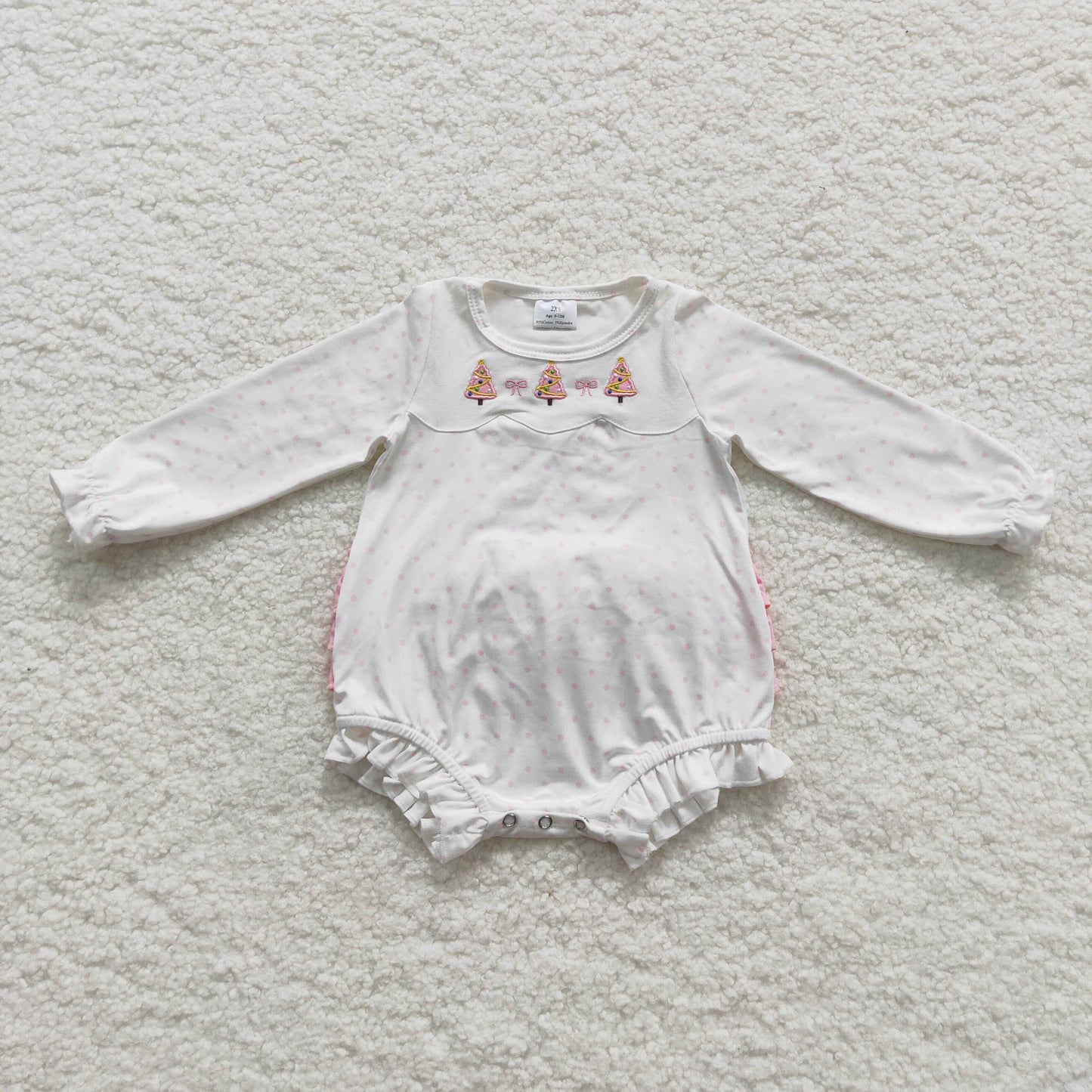 LR0392 Baby Girl Long Sleeves Embroidery Christmas Tree White Ruffle One Piece Romper