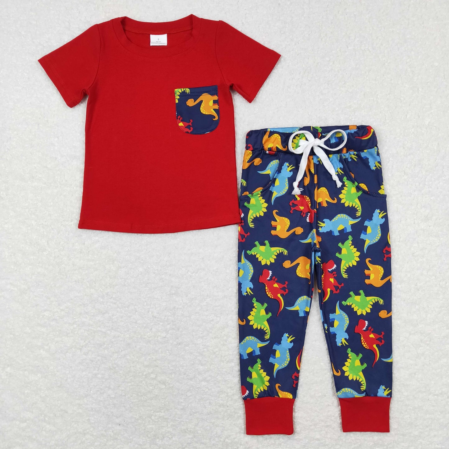 BSPO0173 Baby Boy Red Shirt Dinosaurs Pocket Pants Set