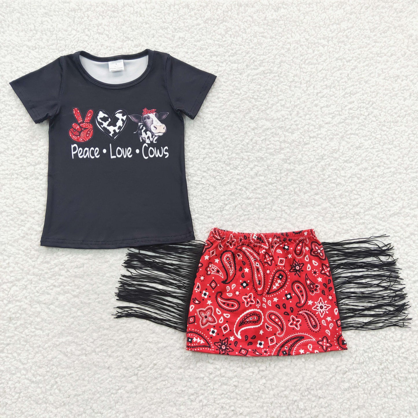 Promotion Baby Girl Peace Love Cows Black Shirt Tassel Skirt Summer Outfit