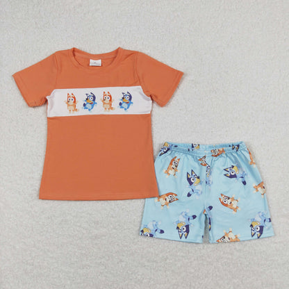 Baby Boy Sleeveless Dogs Tops Orange Cotton Shorts Summer Set