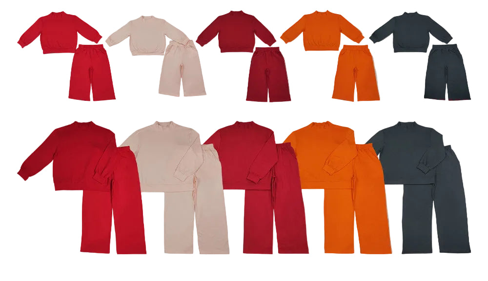 Sibling Baby Girls Adult Women Long Sleeves Shirts Pockets Cotton Pants Mock Neck Sets RTS