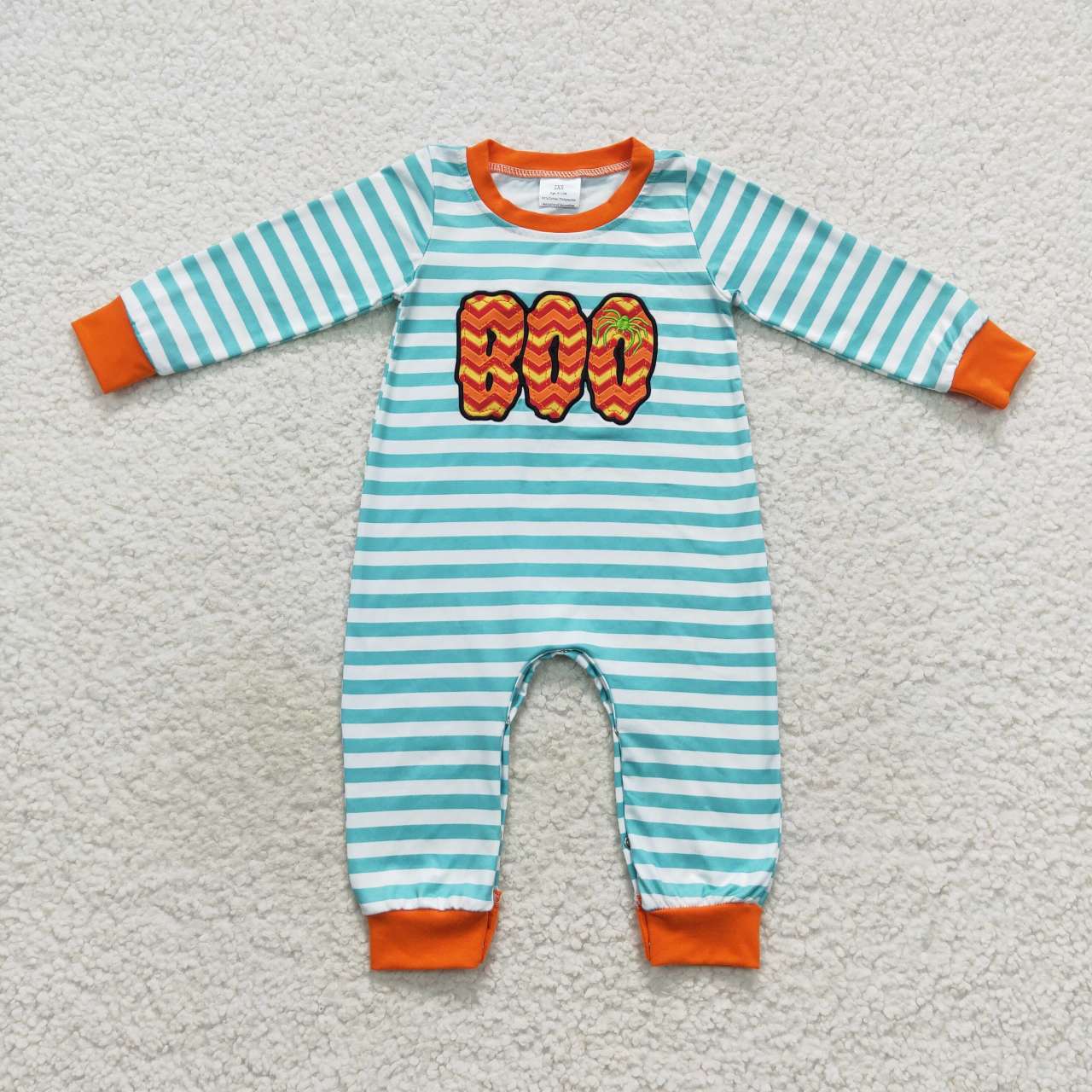 LR0620 Baby Boy Halloween Embroidery Boo Stripes One Piece Romper