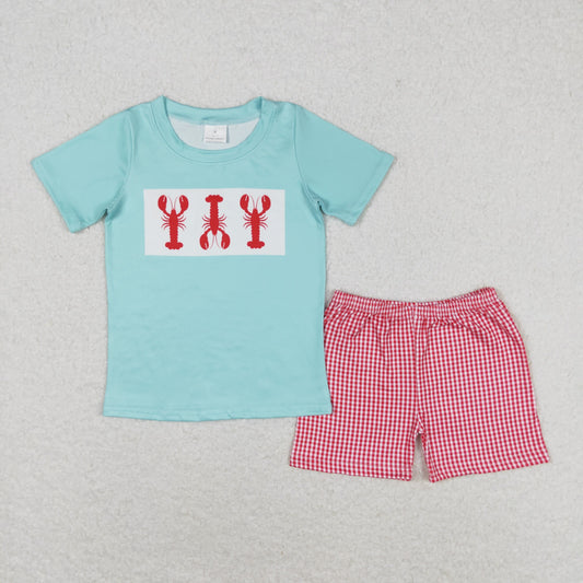 Baby Boy Short Sleeves Crawfish Shirt Red Plaid Shorts Summer Set