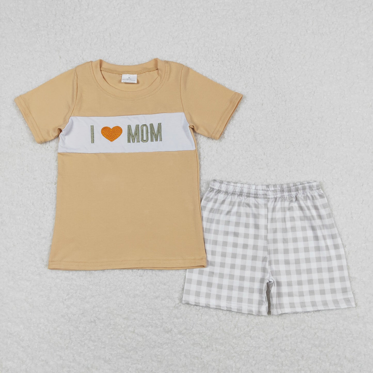 Baby Boy Short Sleeves Embroidery I Love Mom Shirt Plaid Shorts Set