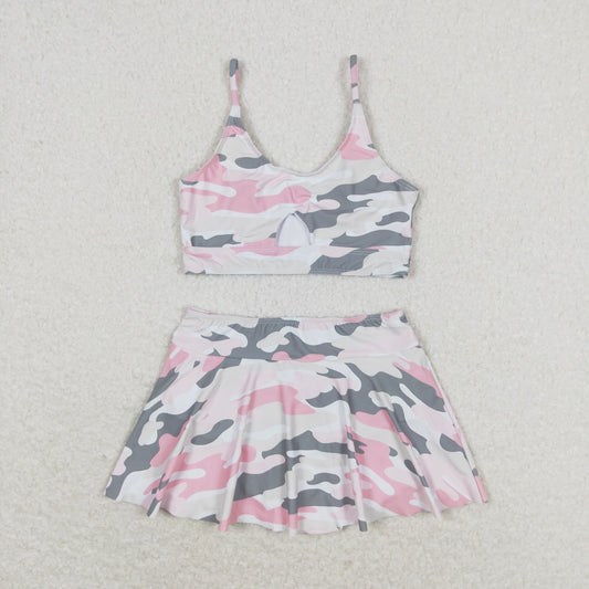 Baby Girl Bathing Suit Pink Grey Camo Tops Skirt Shorts Set Swimsuit