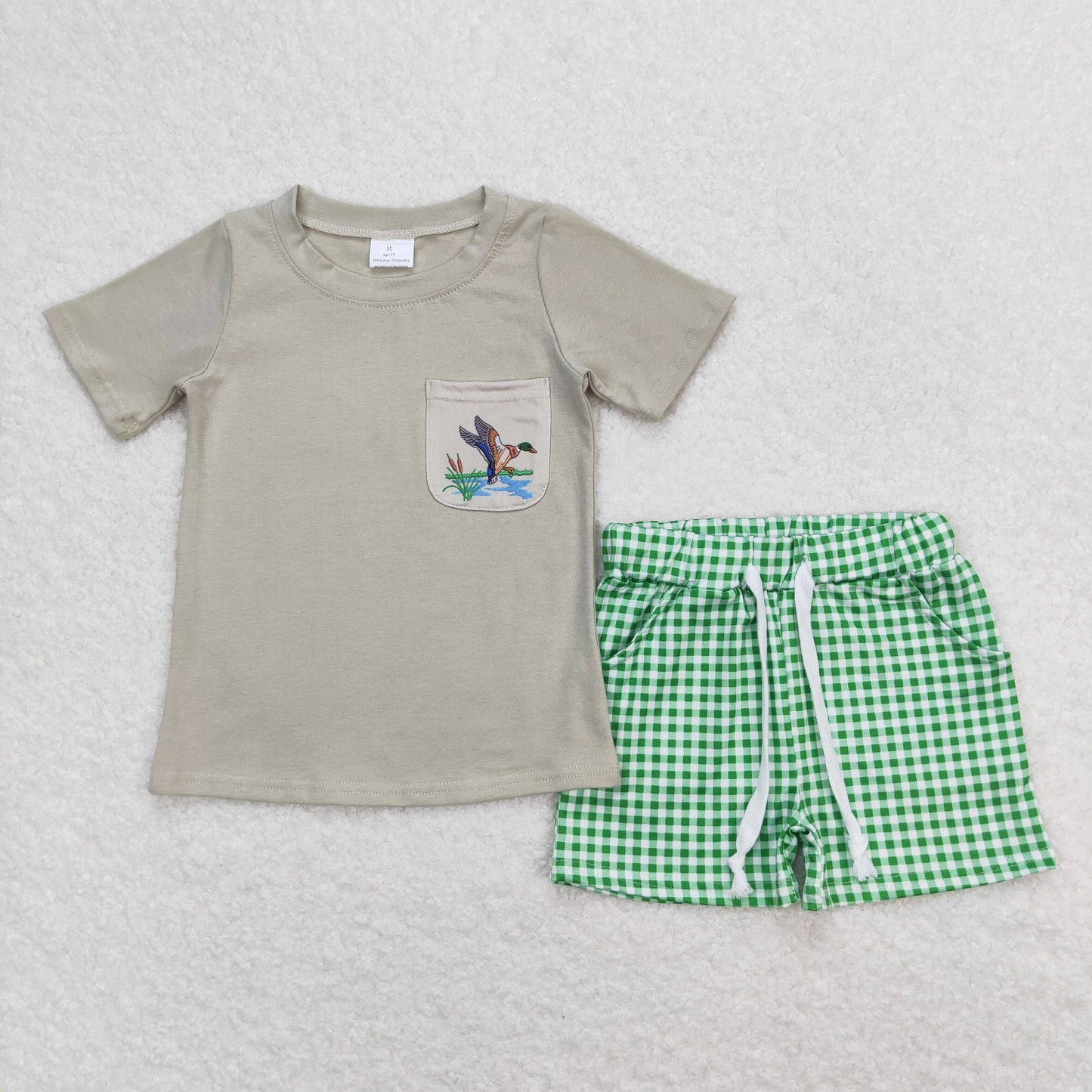 Baby Boy Summer Short Sleeves Duck Shirt Green Plaid Pocket Shorts Set