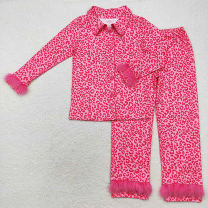 Adult Women Fur Long Sleeves Buttons Shirt Pants Pajamas Clothes Set