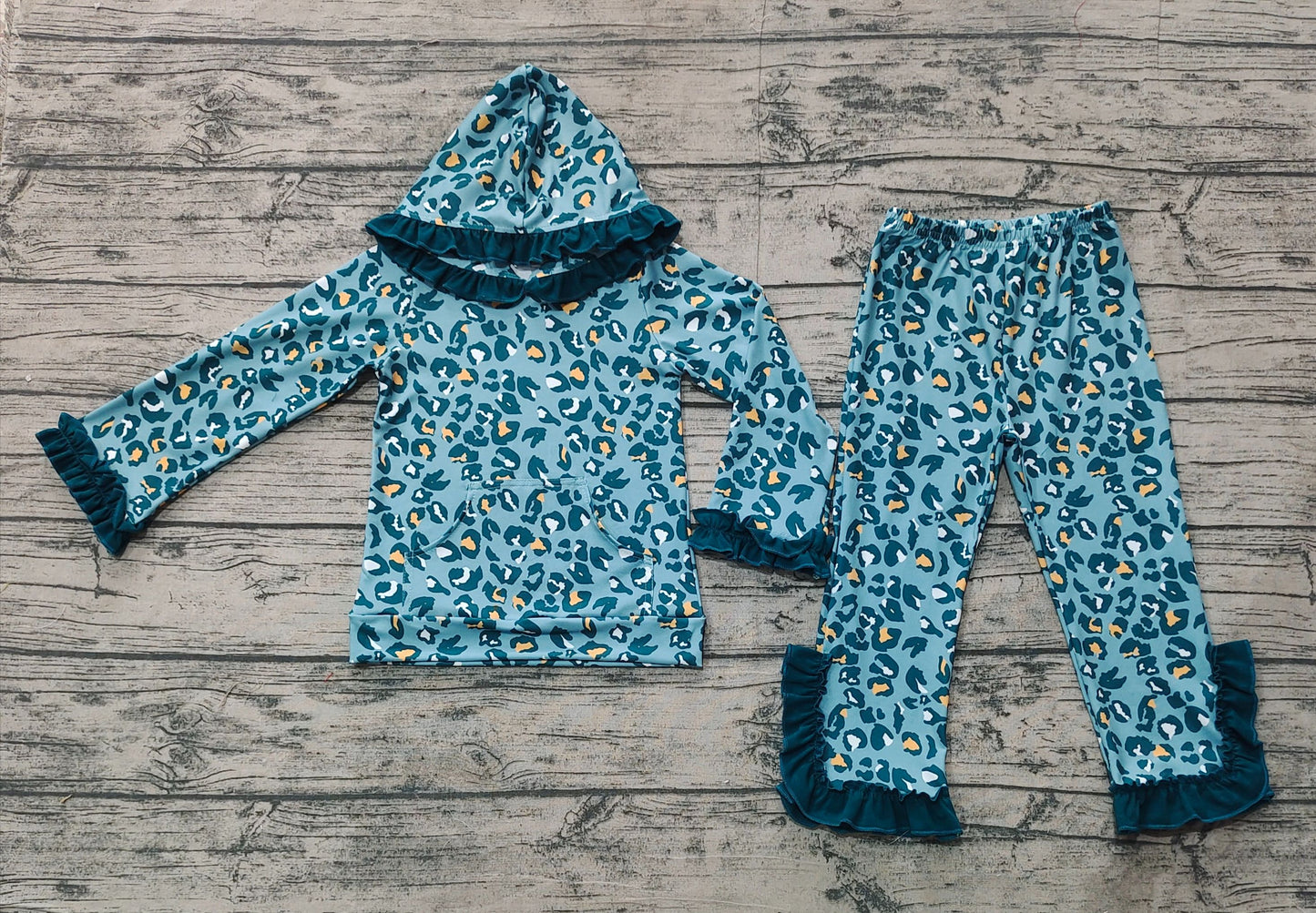 Baby Girl Long Sleeves Green Leopard Hoodie Tops Pants Clothes Set