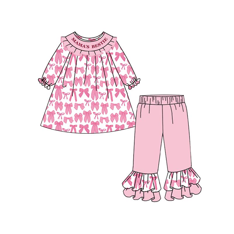 Preorder Baby Girl Long Sleeves Bows Mama's Bestie Tunic Ruffle Pink Pants Clothes Set