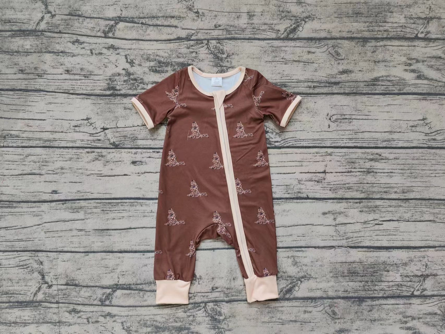 Baby Boy Short Sleeves Brown Camo Ducks Zipper Bamboo Romper