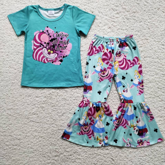 Promotion Baby Girl Short Sleeves Cat Shirt Bell Pants Cartoon Outfit