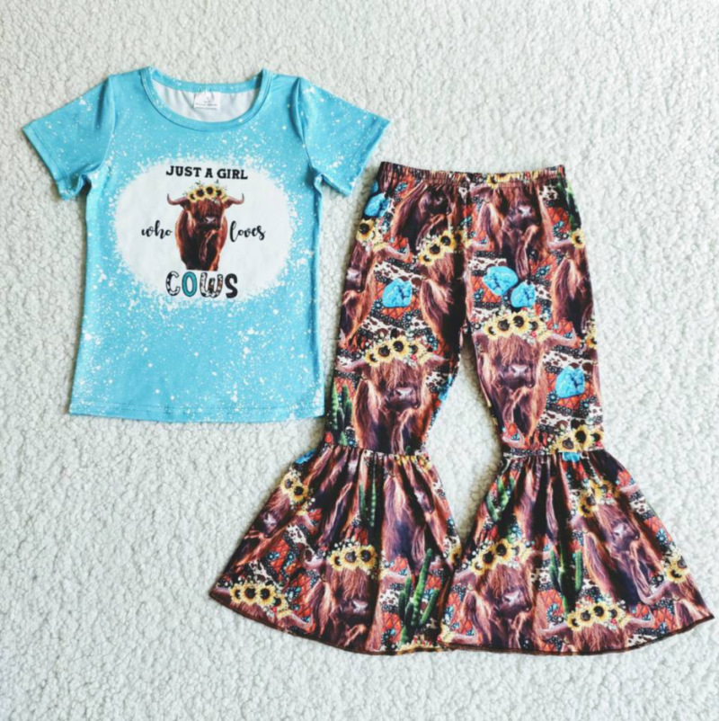 Promotion Baby Girl Western Cow Sunflower Bell Pants Outfit