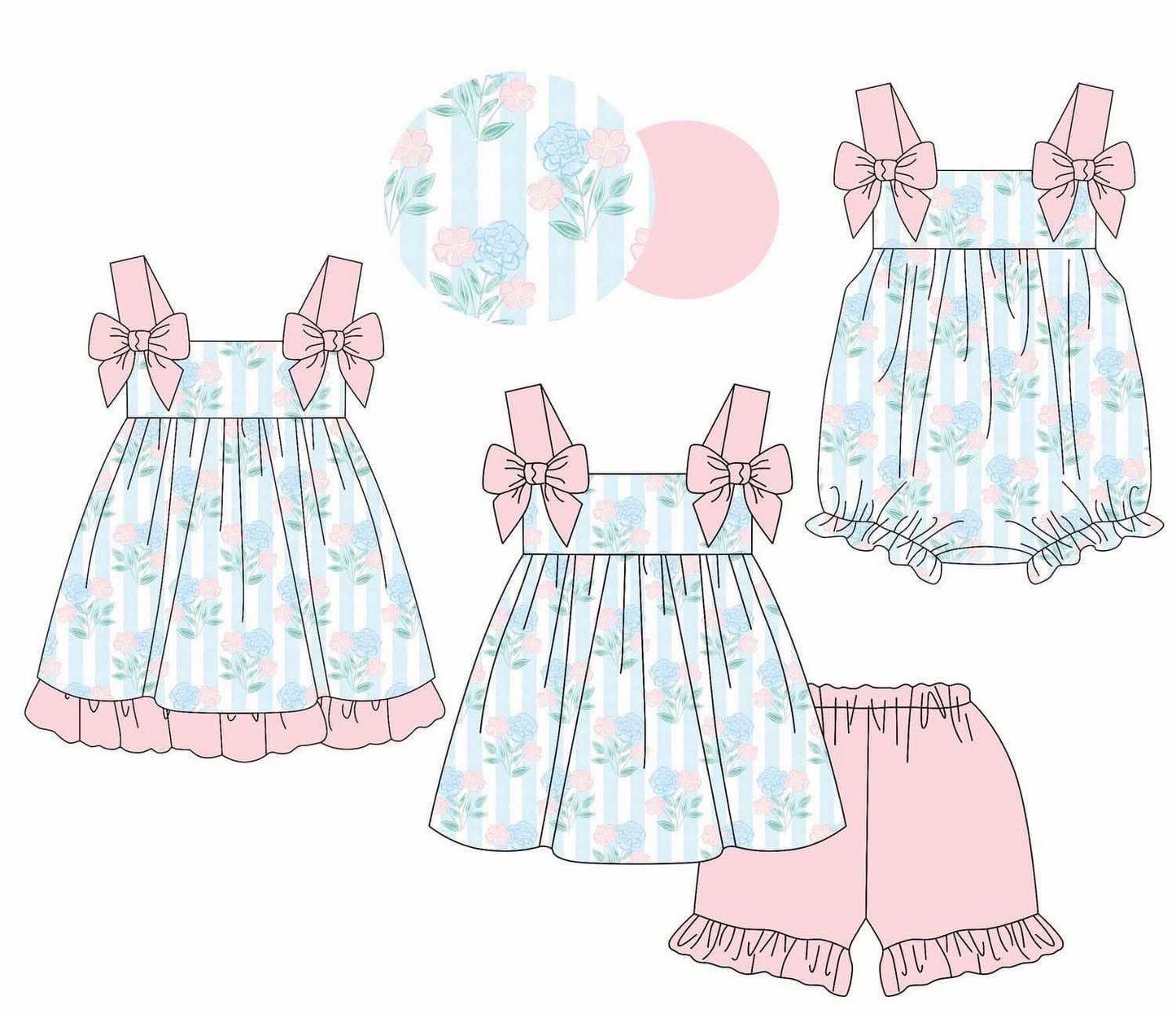 Baby Girl Flower Stripes Ruffle Summer Sibling Romper Dress Set ( Moq 5 Each Style ) 3.10