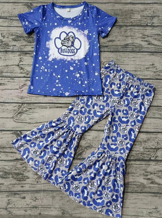 Baby Girl Short Sleeves Dog Blue Shirt Leopard Pants Team Set