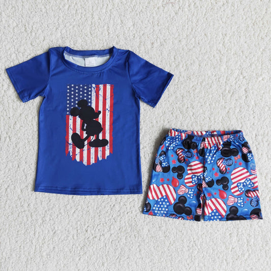 Promotion July 4th Baby Boy Summer Mouse Blue Shirt Shorts Set