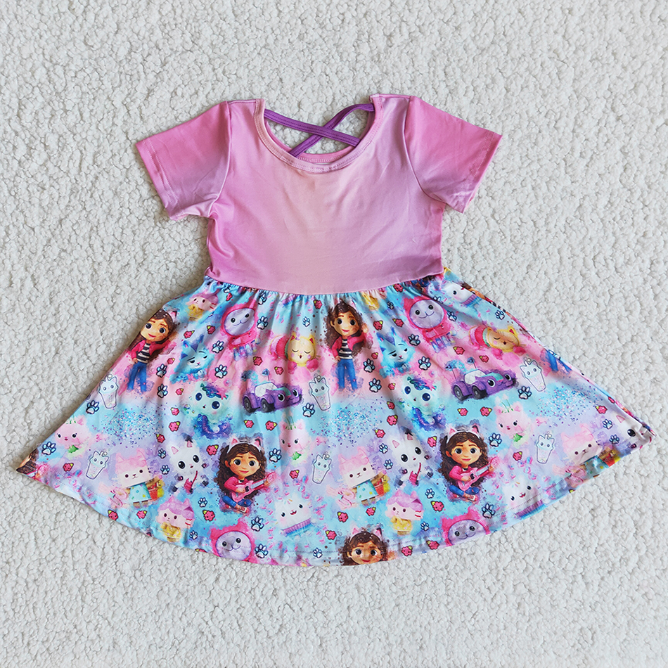 Promotion B1-3 Baby Girl Short Sleeves Cat Cartoon Dress