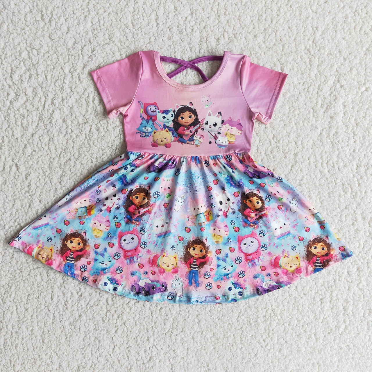 Promotion B1-3 Baby Girl Short Sleeves Cat Cartoon Dress