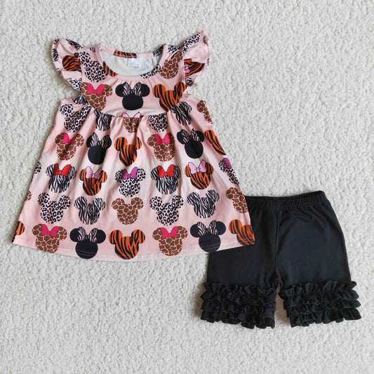 Promotion B1-4 Baby Girl Short Sleeves Mouse Tunic Black Ruffle Cotton Shorts Summer Outfit