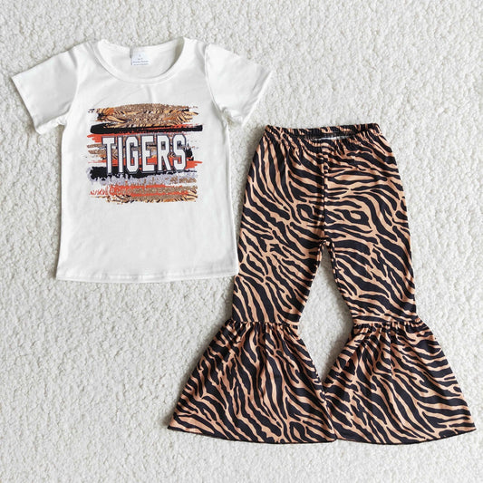 Promotion Baby Girl Short Sleeves Tigers Shirt Bell Pants Outfit