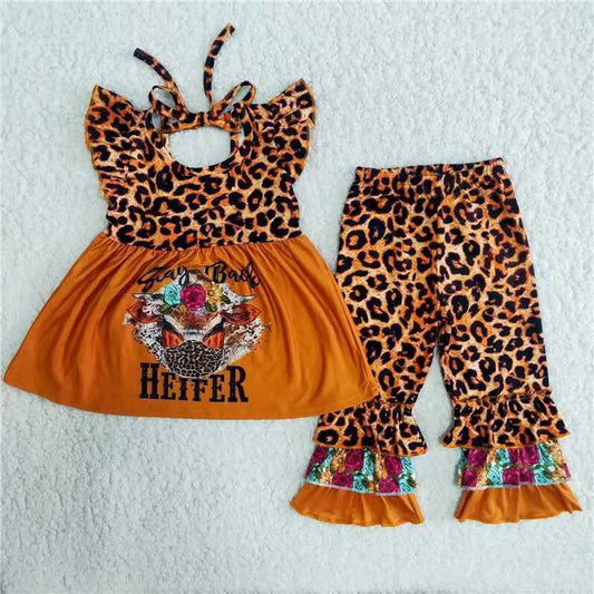 Promotion Baby Girl Short Sleeves Heifer Leopard Bell Pants Western outfit