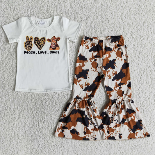 Promotion B10-16 Baby Girl Peace Love Cows Bell Pants Western Sets