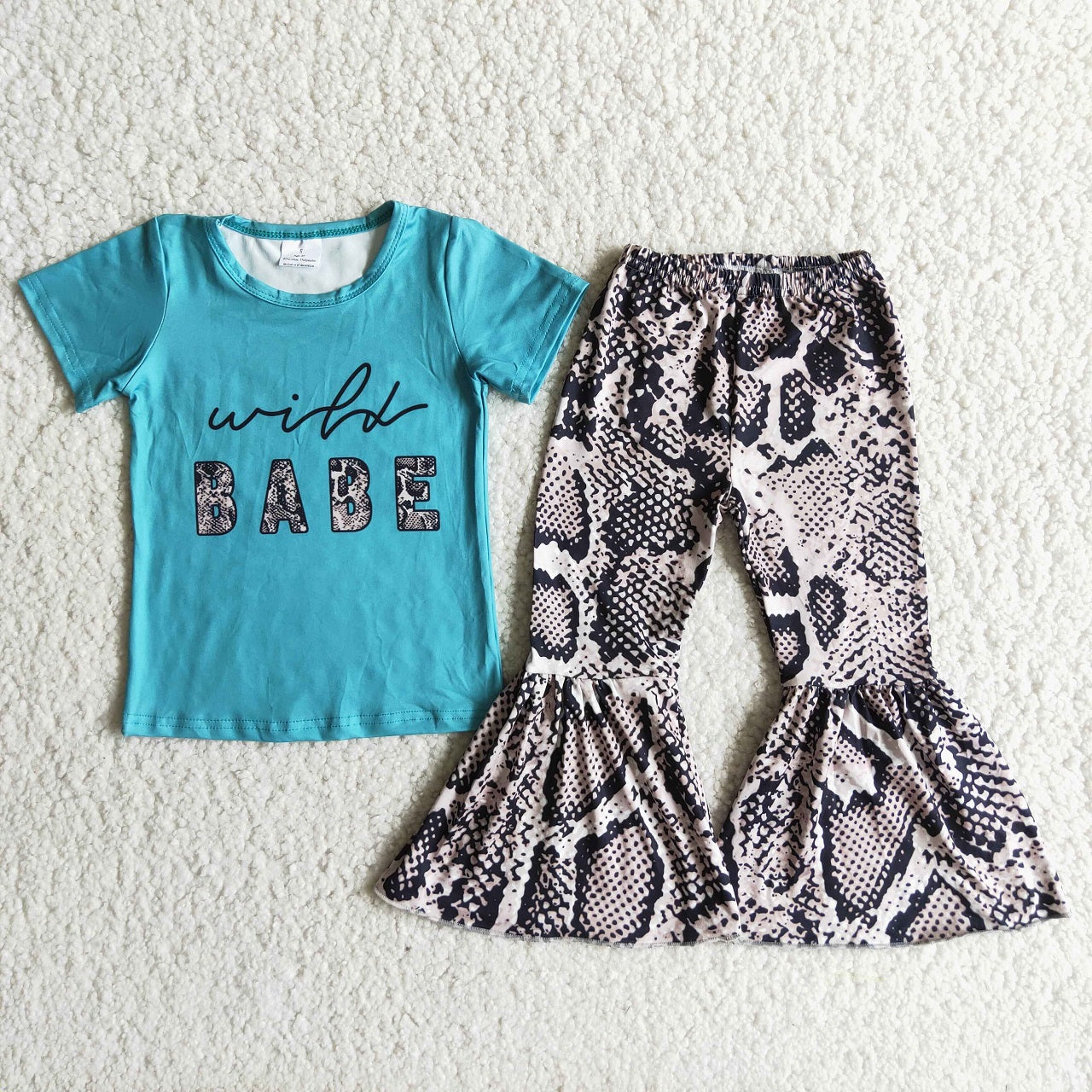 Promotion Baby Girl Short Sleeves Babe Shirt Snake Print Bell Pants Set