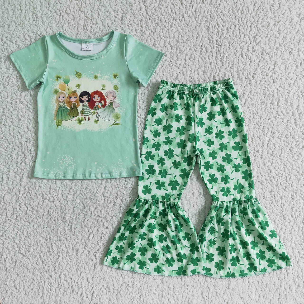 Promotion B10-2 St. Patrick's Day Baby Girl Short Sleeves Bell Pants Green Set