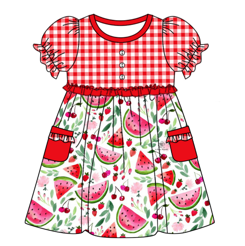 Baby Girl Short Sleeves Watermelon Red Plaid Sibling Romper Dress Clothes Set ( Moq 5 Each Design )